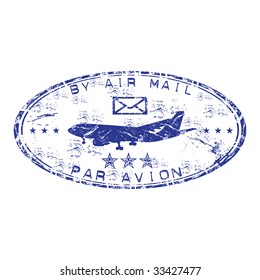 Blue grunge oval rubber stamp with plane shape and and the text by air mail written inside the stamp. Par avion stamp