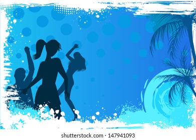 Blue grunge palm background with dancing people
