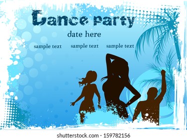 Blue grunge palm horizontal background with dancing people - party poster template