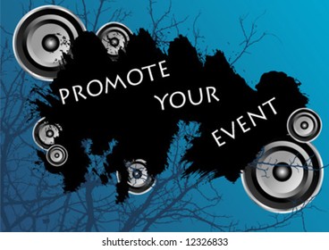 Blue grunge party banner with speakers around