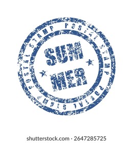 Sello de forma redonda grunge azul para vacaciones de verano o concepto de viaje aislado sobre fondo blanco, Ilustración vectorial.