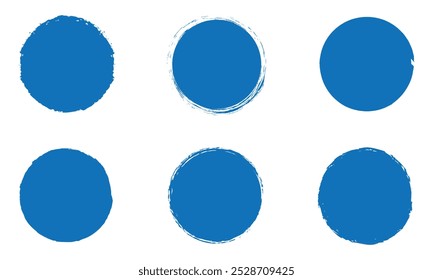 Blue grunge round shapes. Grunge banner collection. Set of different blue circle brush strokes, hand drawn paint frame for design logo, banner, card. Grunge circle brush vector illustration.