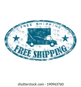 Blue grunge rubber oval stamp with truck and the text free shipping written inside the stamp