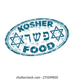 Blue grunge rubber oval stamp with the star of David and the text kosher food written inside the stamp