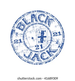 Blue grunge rubber stamp with Black Jack, Black Ace and the number twenty one written inside the stamp