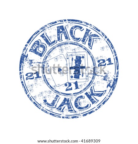 Blue grunge rubber stamp with Black Jack, Black Ace and the number twenty one written inside the stamp