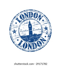 Blue grunge rubber stamp with the building of Big Ben from London