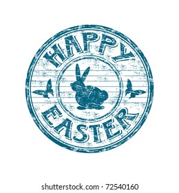 Blue grunge rubber stamp with bunny silhouette and the text Happy Easter written inside the stamp
