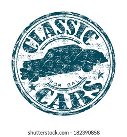 Blue grunge rubber stamp with car shape and the text classic cars for sale written inside the stamp