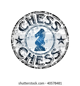 Blue grunge rubber stamp with chess knight symbol in the middle and the word chess written inside the stamp