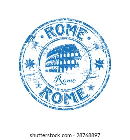 Blue grunge rubber stamp with the Colosseum shape from Rome, Italy
