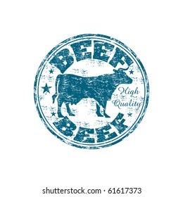 Blue Grunge Rubber Stamp With A Cow Silhouette And The Word Beef Written Inside The Stamp