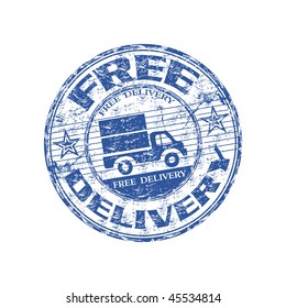 Blue grunge rubber stamp with a delivery car in the middle and the text free delivery written around the stamp