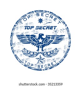 Blue grunge rubber stamp with eagle shape, small star and the text top secret written inside the stamp