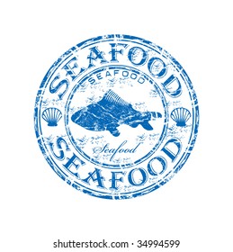 Blue grunge rubber stamp with fish shape and the word seafood written inside the stamp
