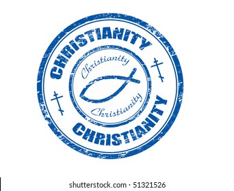  Blue grunge rubber stamp with  fish symbol and the word christianity written inside - more available