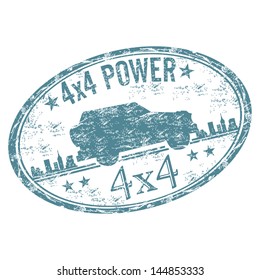 Blue grunge rubber stamp with a four wheeled vehicle. All wheel drive concept