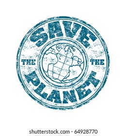 Blue grunge rubber stamp with globe symbol and the text save the planet written inside the stamp