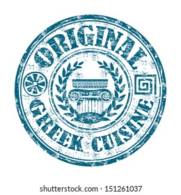 Blue grunge rubber stamp with Greek elements and the text Original Greek cuisine written on the stamp