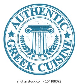 Blue grunge rubber stamp with Greek elements and the text  Authentic Greek Cuisine written inside, vector illustration