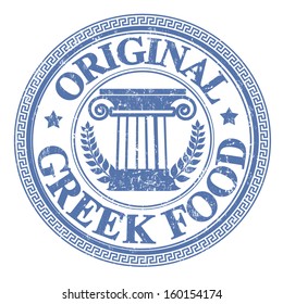 Blue grunge rubber stamp with Greek elements and the text Original Greek Food written on the stamp