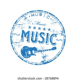 Blue grunge rubber stamp with guitar shape and the word music written inside the stamp