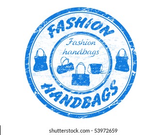 Blue grunge rubber stamp with handbags shape and the text Fashion Handbags written inside the stamp