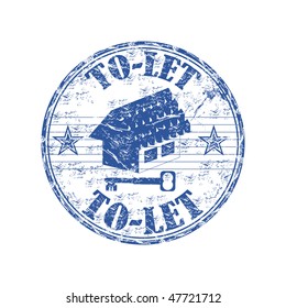 Blue grunge rubber stamp with house symbol, key and the text to let written inside the stamp