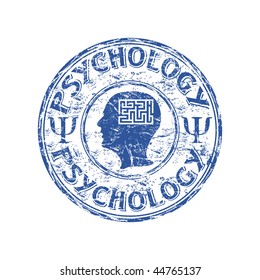 Blue grunge rubber stamp with human head profile, labyrinth and the word psychology written inside the stamp