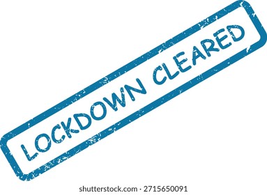 Uma impressão de carimbo de borracha grunge azul em branco, apresentando diagonalmente o texto "LOCKDOWN CLEARED" dentro de um retângulo.