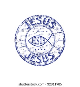 Blue grunge rubber stamp with Jesus fish symbol