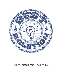 Blue grunge rubber stamp with light bulb and the text best solution written inside the stamp