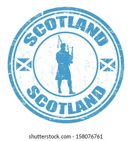 Blue grunge rubber stamp with man silhouette playing the bagpipes and the name of Scotland written inside, vector illustration