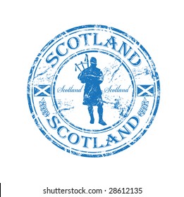Blue grunge rubber stamp with man silhouette playing the bagpipes and the name of Scotland written inside the stamp