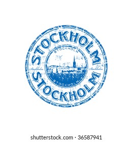Blue grunge rubber stamp with the name Stockholm the capital of Sweeden written inside the stamp