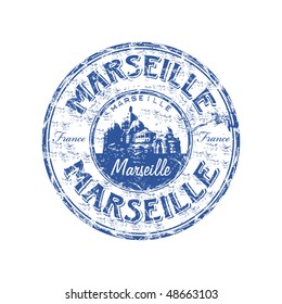 Sello de goma azul grunge con el nombre de Marsella de Francia escrito dentro del sello