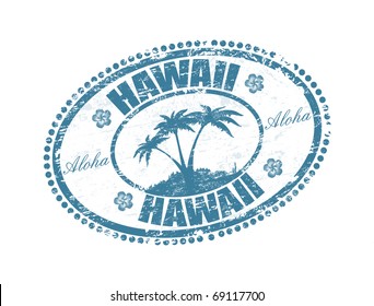 Blue grunge rubber stamp with the palms shape and the name of Hawaii islands written inside the stamp