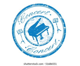Blue grunge rubber stamp with piano shape and the word concert written inside - more available