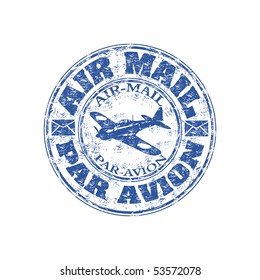 Blue grunge rubber stamp with plane shape and the text air mail, par avion written inside the stamp