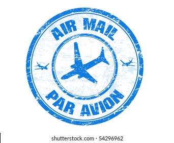 Blue grunge rubber stamp with plane shape and the text air mail, par avion written inside the stamp