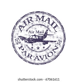 Blue grunge rubber stamp with plane shape, and the text air mail, par avion written inside the stamp