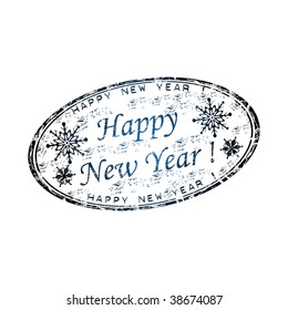 Blue grunge rubber stamp with snowflake symbols and the text Happy New Year written inside the stamp