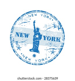 Blue grunge rubber stamp with the Statue of Liberty and the name New York written inside the stamp