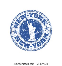 Blue grunge rubber stamp with the Statue of Liberty and the name of New York written inside the stamp