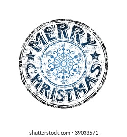 Blue grunge rubber stamp with stylized snowflake and the text Merry Christmas written inside the stamp