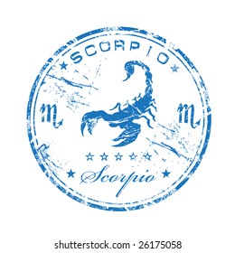 Blue grunge rubber stamp with the symbol of Scorpio