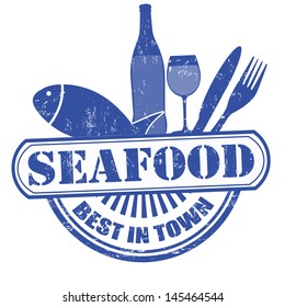 Blue grunge rubber stamp with text seafood, best in town vector illustration