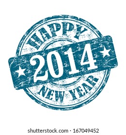 Blue grunge rubber stamp with the text Happy New Year 2014 written inside the stamp