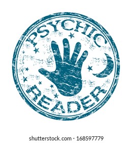 Blue grunge rubber stamp with the text psychic reader written inside the stamp