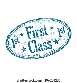 Blue grunge rubber stamp with the text first class written inside the stamp